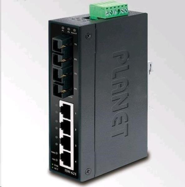 Planet switch ISW-621T,  průmysl.verze 4x10/ 100+2x100BaseFX (SC) MM 2km,  DIN,  IP30,  -40 až 70°C,  12-48V