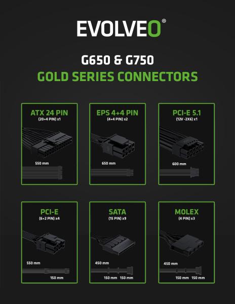 EVOLVEO G750, 750W, ATX3.1, 14cm, aPFC, 80+GOLD, 3YRW 