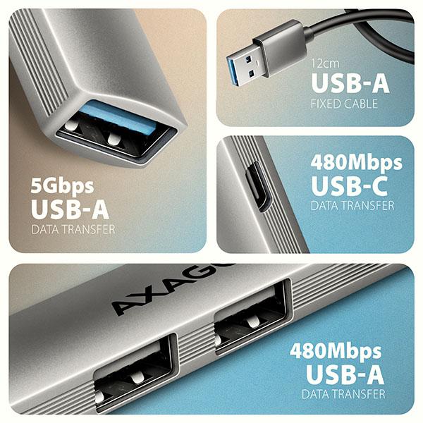 AXAGON HUE-STA, 4x USB ALU STRIP hub, 1x USB-A 5Gbps, 2x USB-A & 1x USB-C 480Mbps, kábel USB-A 12cm 