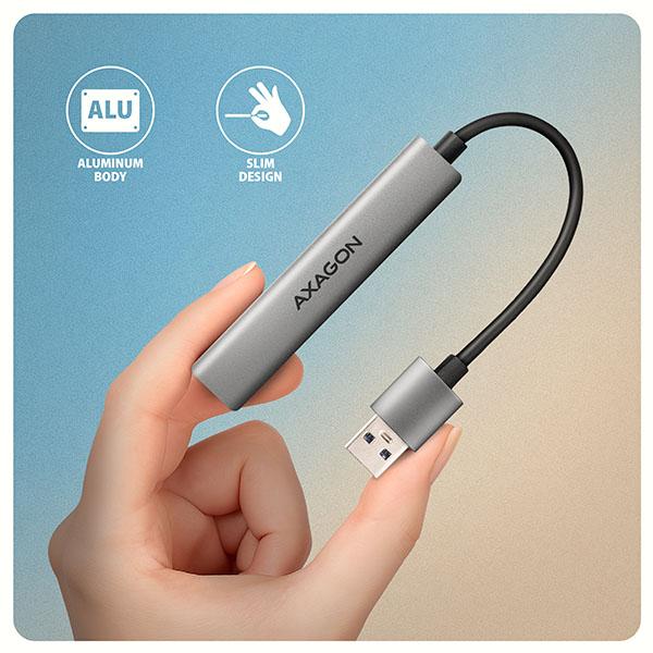 AXAGON HUE-STA, 4x USB ALU STRIP hub, 1x USB-A 5Gbps, 2x USB-A & 1x USB-C 480Mbps, kábel USB-A 12cm 