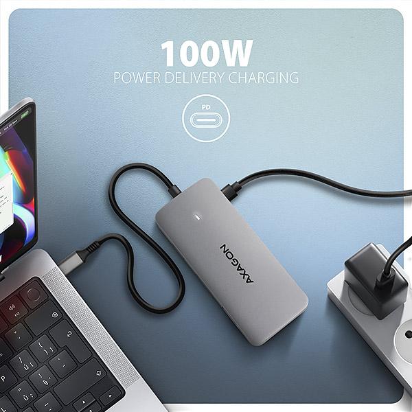 AXAGON HMC-CUB83X2, USB 10Gbps hub, 2x USB-A, USB-C, HDMI & DP 4k/ 144Hz, RJ-45, PD 100W, kábel 15cm 