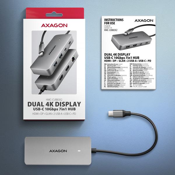 AXAGON HMC-CUB83X2, USB 10Gbps hub, 2x USB-A, USB-C, HDMI & DP 4k/ 144Hz, RJ-45, PD 100W, kábel 15cm 