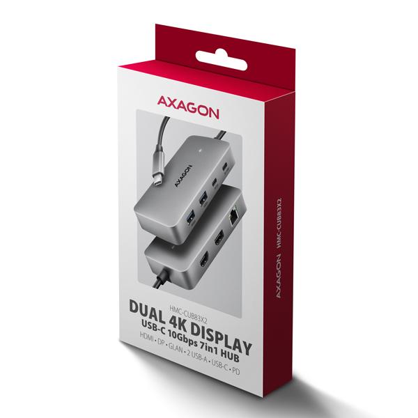 AXAGON HMC-CUB83X2, USB 10Gbps hub, 2x USB-A, USB-C, HDMI & DP 4k/ 144Hz, RJ-45, PD 100W, kábel 15cm 
