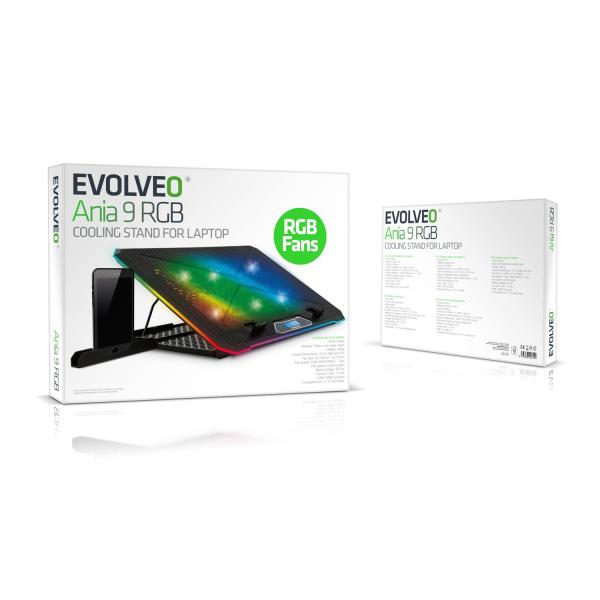 EVOLVEO Ania 9RGB, chladiaca podložka pod notebook, 6x ventilátor, RGB podsvietenie ventilátorov a obvod 