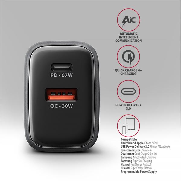 AXAGON ACU-PQ67 GaN nabíjačka do siete 67W, USB-A + USB-C, PD3.0/ PPS/ QC4+/ SFC2.0/ Apple 