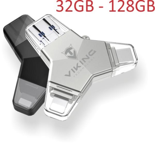 VIKING USB FLASH DISK 3.0 4v1 128GB, S KONCOVKOU APPLE LIGHTNING, USB-C, MICRO USB, USB3.0, čierna