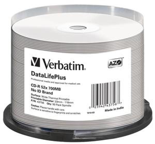 VERBATIM CD-R(50-Pack)/ 52x/ 700MB/ ThermoPrint/ NoID
