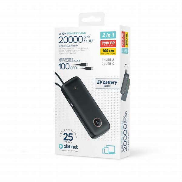 Platinet Powerbanka 20000 mAh 70W Power Delivery, 1xUSB-C, 1xUSB-A, kábel USB-C 1m, čierna 