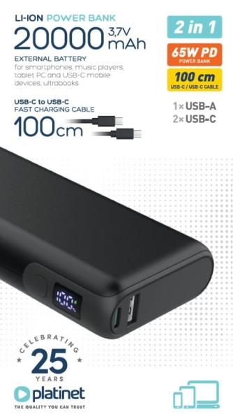 Platinet Powerbanka 20000 mAh 65W Power Delivery, 2x USB-C, 1x USB-A, kábel USB-C 1m, čierna 