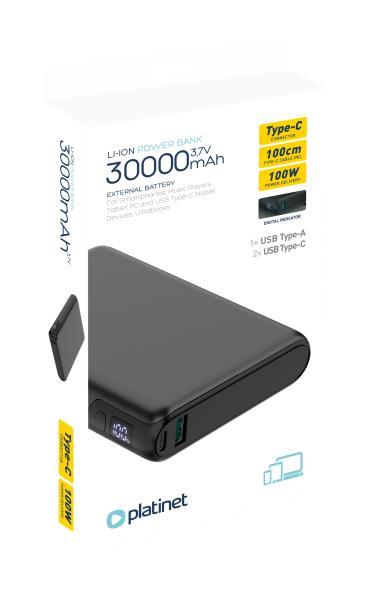 Platinet Powerbanka 30000 mAh 100W Power Delivery, 2xUSB-C, 1xUSB-A, čierna 