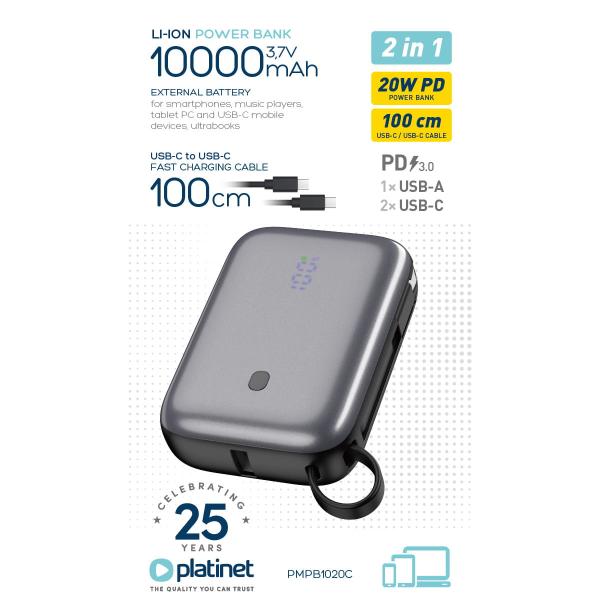 Platinet Powerbanka 10000 mAh 20W Power Delivery, 2xUSB-C, 1xUSB-A, kábel USB-C 1m, čierna 