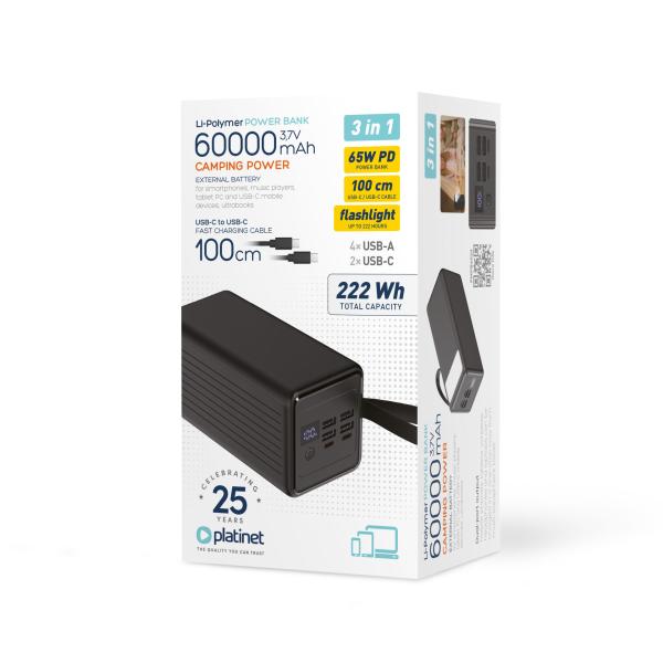 Platinet Powerbanka 60000 mAh 65W Power Delivery, 2xUSB-C, 2xUSB-A, kábel USB-C 1m, čierna 