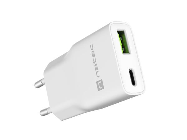 Univerzálna USB nabíjačka Natec RIBERA GaN SLIM, 20 W, 1X USB-A + 1X USB-C, Biela 