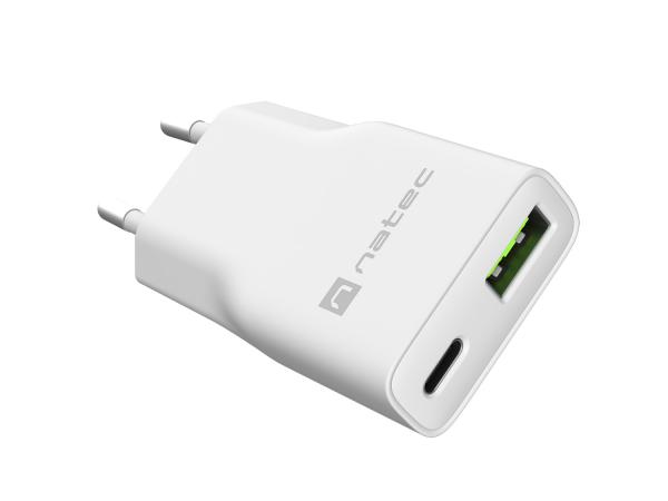 Univerzálna USB nabíjačka Natec RIBERA GaN SLIM, 20 W, 1X USB-A + 1X USB-C, Biela 