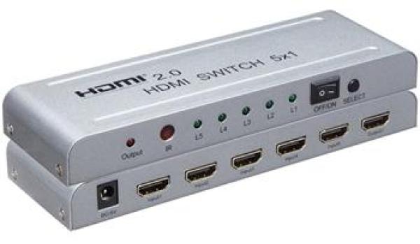 PremiumCord 4Kx2K@60Hz HDMI switch 5:1 kovový s diaľkovým ovládačom a napájacím adaptérom