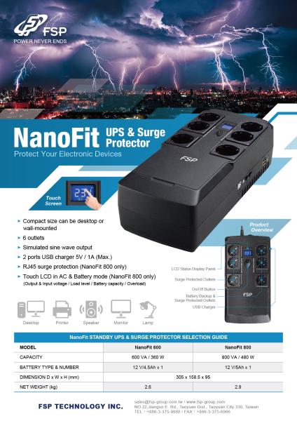 FSP UPS NanoFit 800, 800 VA / 480 W, 2xUSB power, LCD, RJ45, offline 