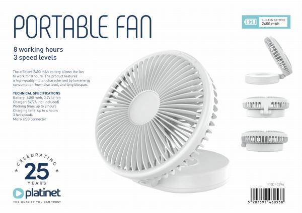 Platinet PRDF0396 skladací stolný ventilátor 19 cm, akumulátor 2400 mAh, biela 