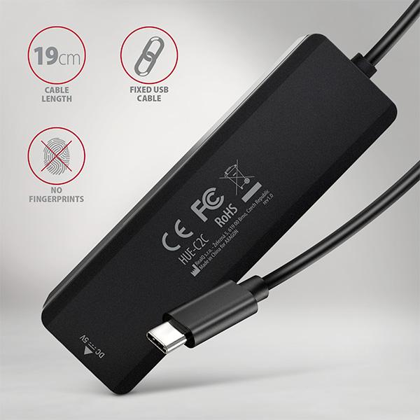 AXAGON HUE-C2C, 4× USB 5Gbps TRAVEL hub, 2× USB-A + 2× USB-C, USB-C napájanie, kábel USB-C 19cm 