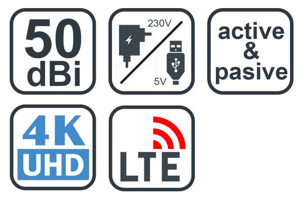 EVOLVEO Xany 1 LTE 230/ 5V, 50dBi aktivní pokojová anténa DVB-T/ T2, LTE filtr 