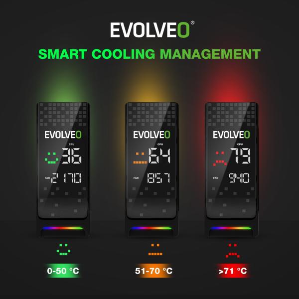EVOLVEO QuietCool7, CPU chladič s digitálnym displejom, 6x heatpipe, čierny 