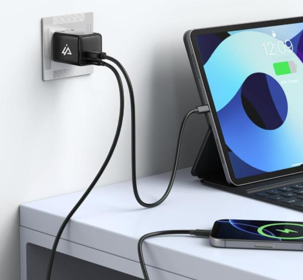 GaN SIEŤOVÁ NABÍJAČKA 20W (USB-C + USB-A) ČIERNA 
