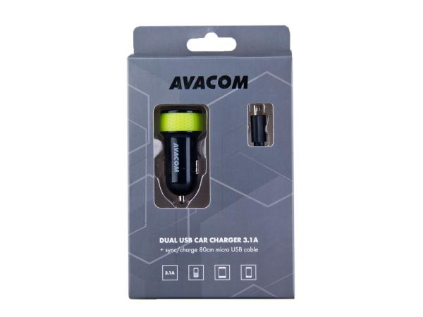 Nabíječka do auta AVACOM NACL-2XKG-31A s dvěma USB výstupy 5V/ 1A - 3, 1A, černo-zelená barva 