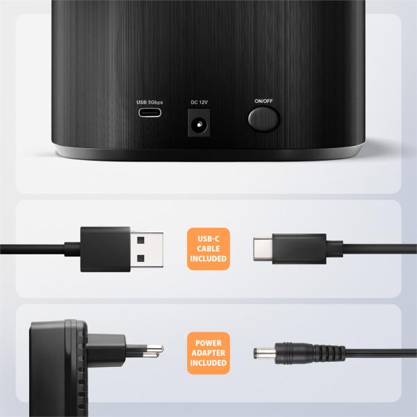 AXAGON ADSA-SC, USB-C 5Gbps dokovacia stanica pre 2x SATA 6G 2.5"/ 3.5" SSD/ HDD s funkciou klonovania 