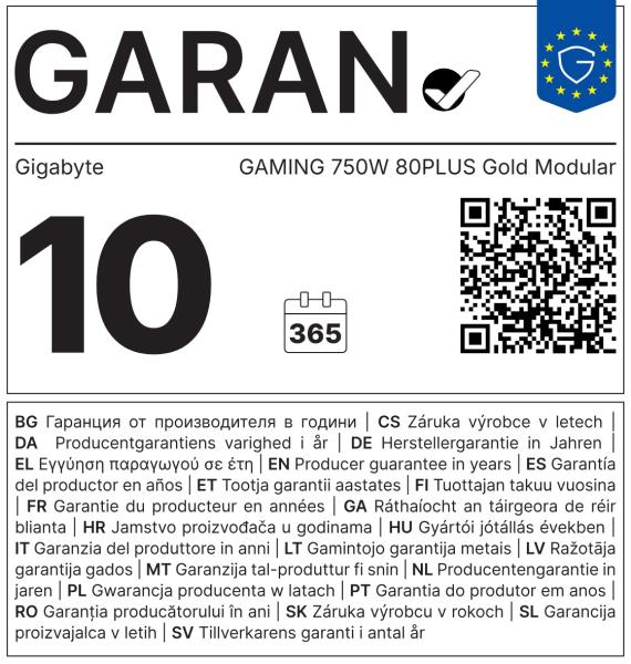 GIGABYTE GAMING 750GM PG5/ 750W/ ATX 3.1/ 90%/ Modular/ Retail 