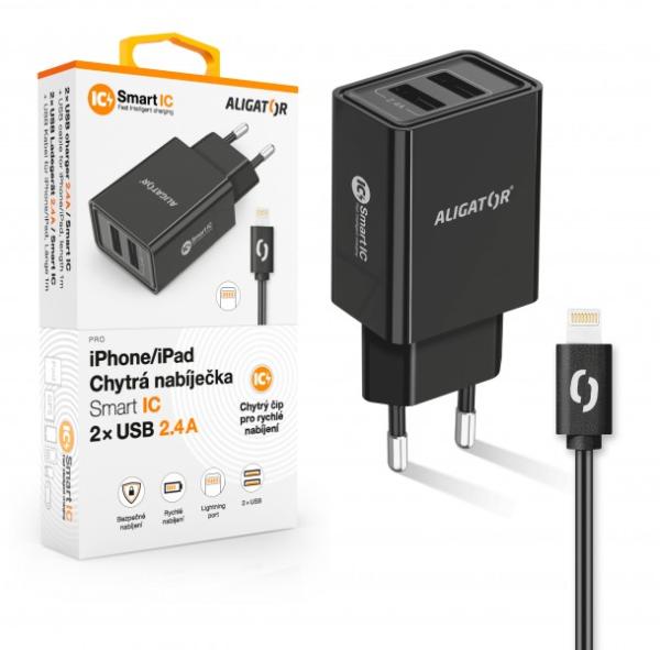 ALIGATOR Chytrá síťová nabíječka 2, 4A, 2xUSB, smart IC, černá, USB kabel pro iPhone/ iPad
