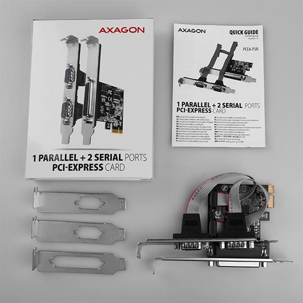 AXAGON PCEA-PSN, PCIe radič - 1x paralelný (LPT) + 2x sériový port (RS232) 250 kbps, vr. LP 