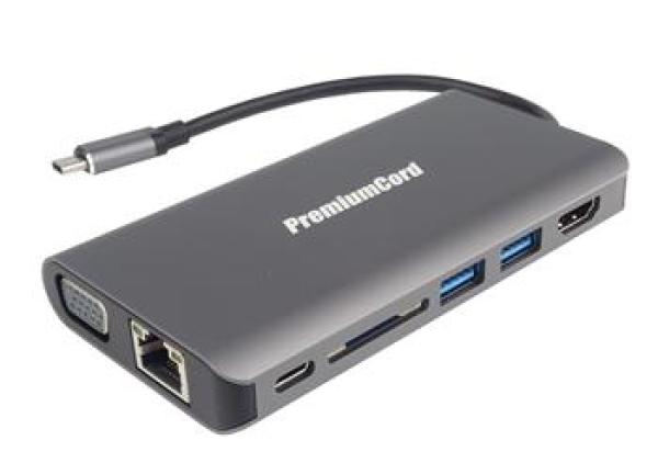 PremiumCord Prevodník USB3.1 typ C na HDMI+VGA+RJ45+2xUSB3.0+SD card +3, 5mm+PD charge