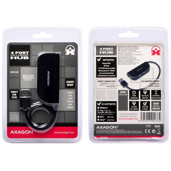 AXAGON HUE-X4B, 4x USB2.0 READY hub, čierny 