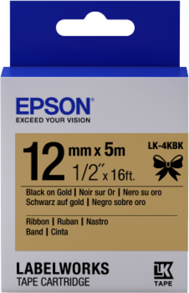 Epson zásobník se štítky – saténový pásek, LK-4KBK černá / zlatá, 12 mm (5 m)