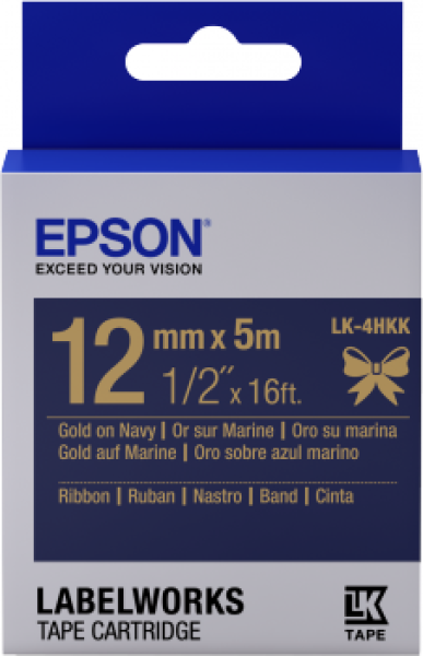 Epson zásobník so štítkami – saténový pásik, LK-4HKK, zlatá / námornícka modrá, 12 mm (5 m)