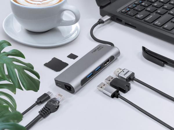 Natec multiport adaptér Fowler MINI USB-C PD, USB 3.0, HDMI 4K 
