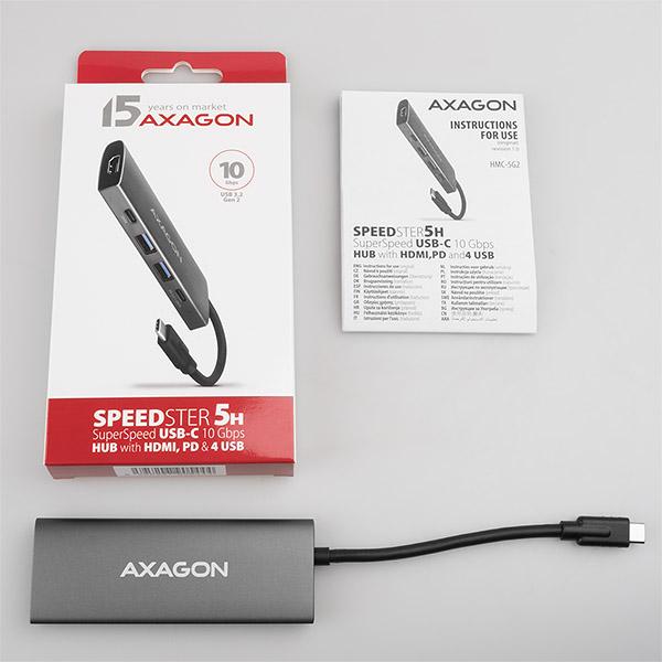 AXAGON HMC-5G2, USB 10Gbps hub, porty 2x USB-A, 2x USB-C, HDMI 4k/ 60, PD 100W, kábel USB-C 13cm 