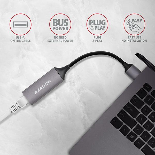 AXAGON ADE-TR, USB-A 3.2 Gen 1 - Gigabit Ethernet sieťová karta, auto inštal, titánovo šedá 