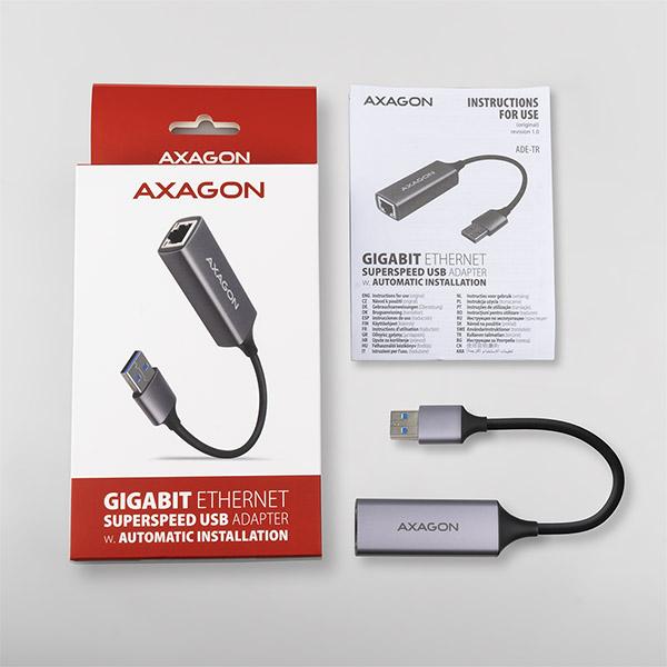 AXAGON ADE-TR, USB-A 3.2 Gen 1 - Gigabit Ethernet sieťová karta, auto inštal, titánovo šedá 