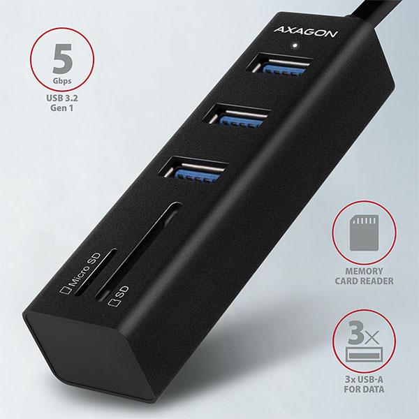 AXAGON HMA-CR3A, USB 3.2 Gen 1 hub, porty 3x USB-A + čítačka kariet SD/ microSD, kovový, kábel USB-A 20 