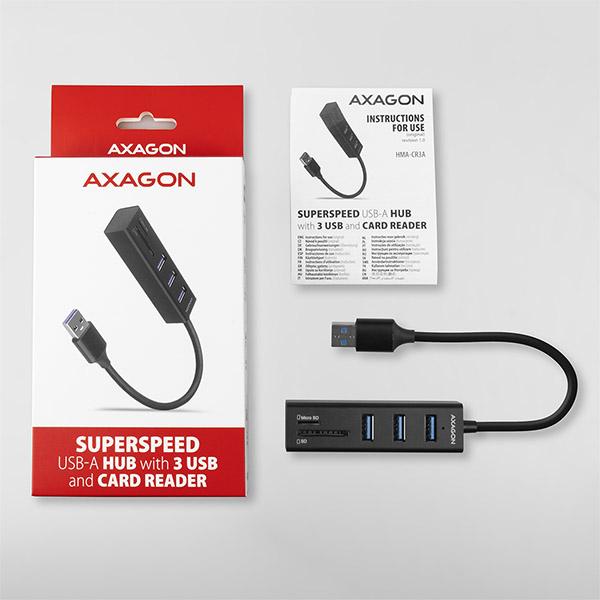 AXAGON HMA-CR3A, USB 3.2 Gen 1 hub, porty 3x USB-A + čítačka kariet SD/ microSD, kovový, kábel USB-A 20 