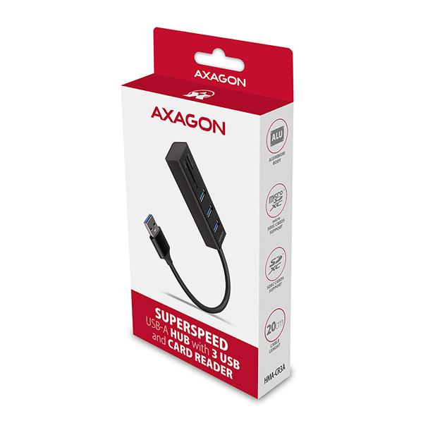 AXAGON HMA-CR3A, USB 3.2 Gen 1 hub, porty 3x USB-A + čítačka kariet SD/ microSD, kovový, kábel USB-A 20 
