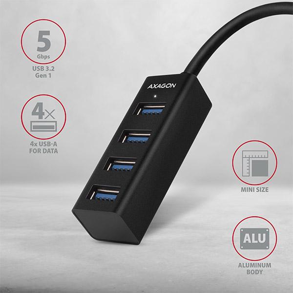 AXAGON HUE-M1C, 4x USB 3.2 Gen 1 MINI hub, kovový, kábel USB-C 20cm 