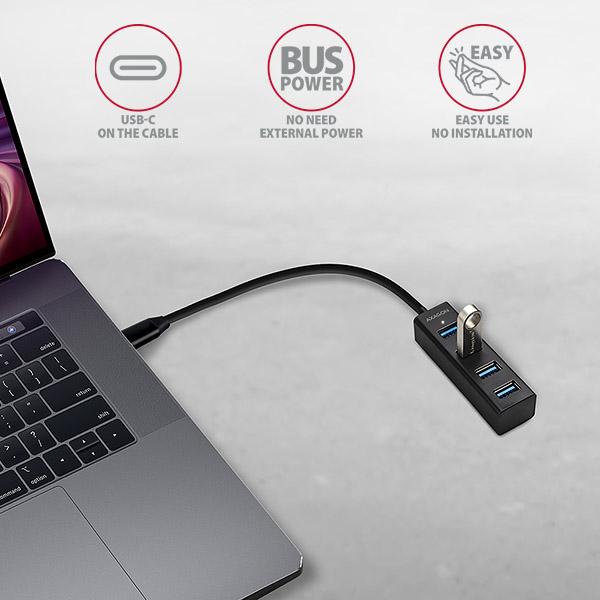 AXAGON HUE-M1C, 4x USB 3.2 Gen 1 MINI hub, kovový, kábel USB-C 20cm 