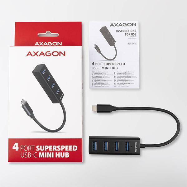 AXAGON HUE-M1C, 4x USB 3.2 Gen 1 MINI hub, kovový, kábel USB-C 20cm 