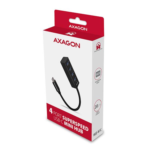 AXAGON HUE-M1C, 4x USB 3.2 Gen 1 MINI hub, kovový, kábel USB-C 20cm 