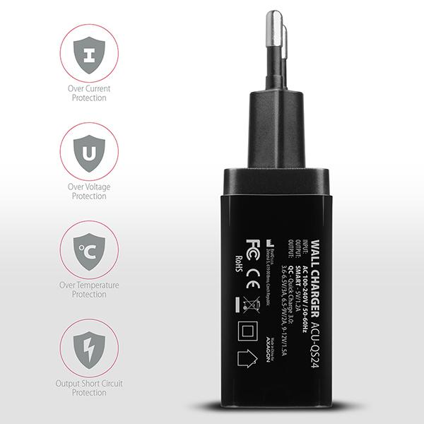 AXAGON ACU-QS24, QC & SMART nabíjačka do siete 24W, 2x USB-A port, QC3.0/ AFC/ FCP + 5V/ 1.2A 