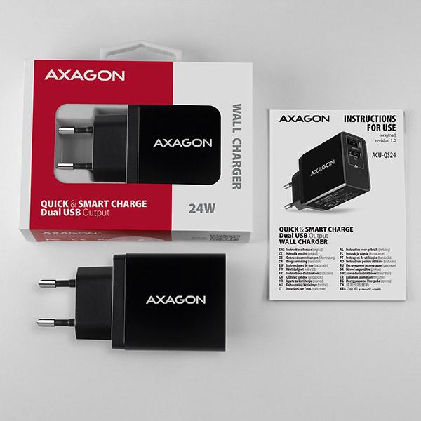 AXAGON ACU-QS24, QC & SMART nabíjačka do siete 24W, 2x USB-A port, QC3.0/ AFC/ FCP + 5V/ 1.2A 