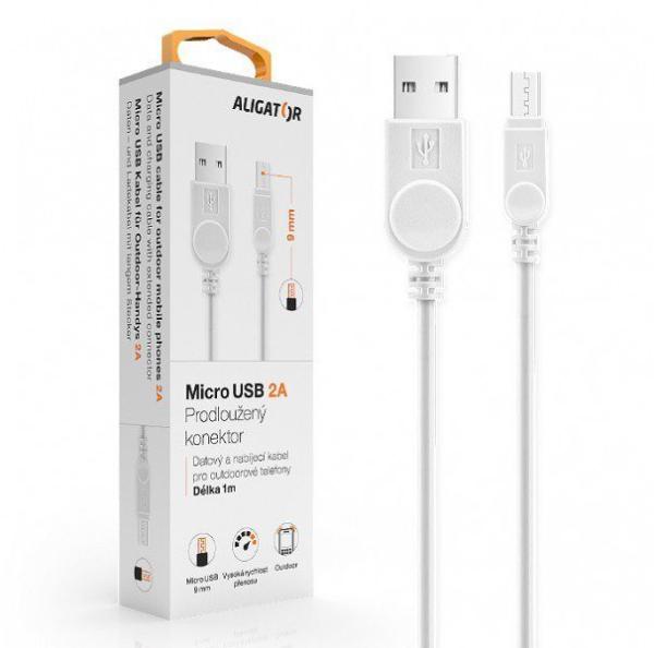 Aligator kábel microUSB predĺžený kon. 9mm Biely 