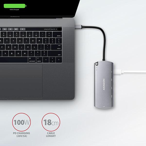 AXAGON HMC-6M2, USB 3.2 Gen 1 hub, 2x USB-A, HDMI, RJ-45 GLAN, SATA M.2, PD 100W, kábel USB-C 18cm 