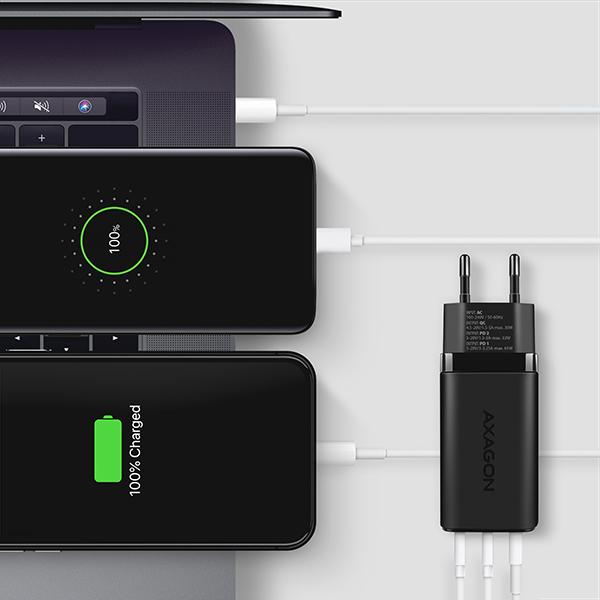AXAGON ACU-DPQ65, GaN nabíjačka do siete 65W, 3x port (USB-A + dual USB-C), PD3.0/ QC4+/ PPS/ Apple 